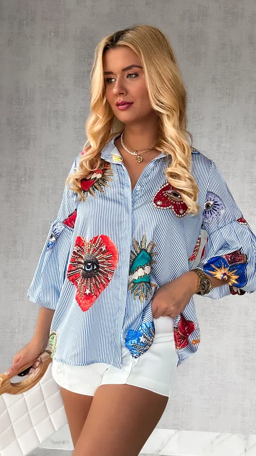 Koszula w niebieskie paski z modnymi rękawami ONE SIZE - P284