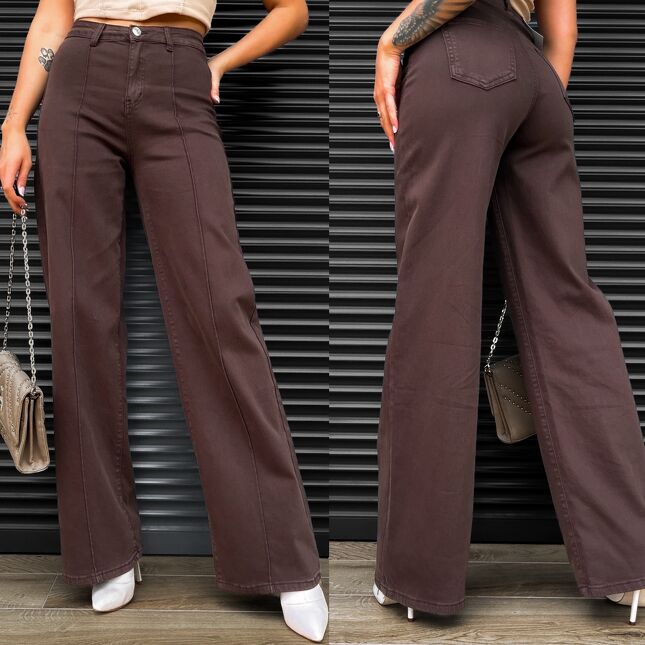 Brązowe elastyczne spodnie jeansowe WIDE LEG na jesień - S410