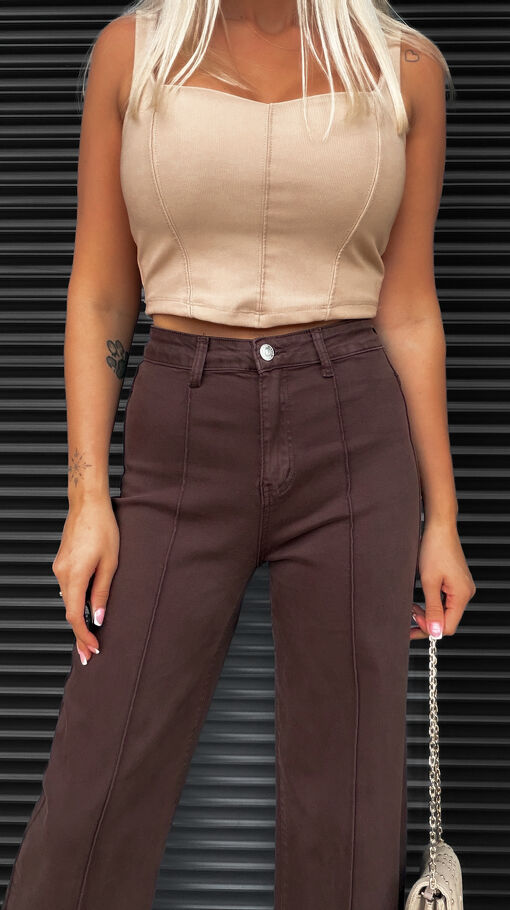 Brązowe elastyczne spodnie jeansowe WIDE LEG na jesień - S410