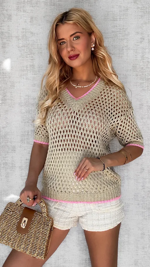 Ażurowa złota bluzka ze złotą nitką i różową lamówką ONE SIZE - P651A