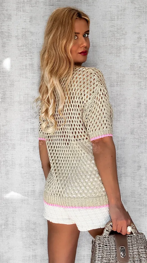 Ażurowa złota bluzka ze złotą nitką i różową lamówką ONE SIZE - P651A