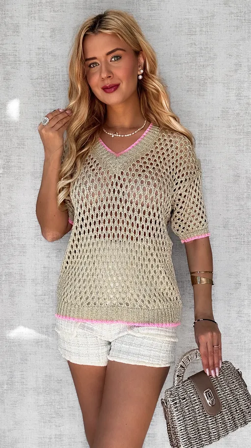 Ażurowa złota bluzka ze złotą nitką i różową lamówką ONE SIZE - P651A