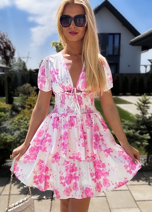 Letnia biała sukienka w delikatne różowe kwiaty - L943