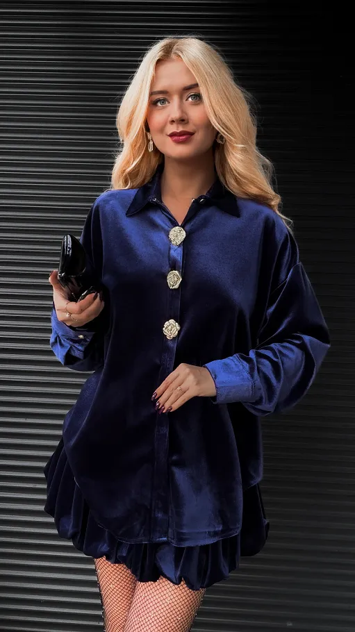 Granatowy aksamitny komplet koszula + spódniczka - R372