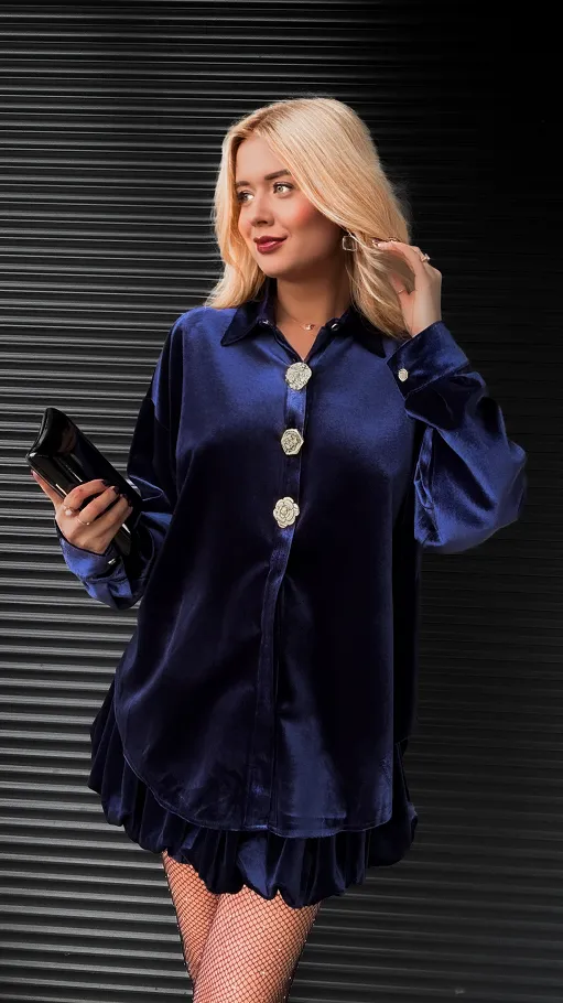 Granatowy aksamitny komplet koszula + spódniczka - R372