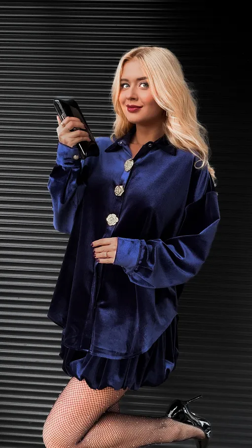 Granatowy aksamitny komplet koszula + spódniczka - R372