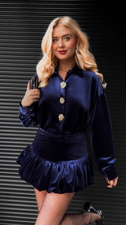 Granatowy aksamitny komplet koszula + spódniczka - R372