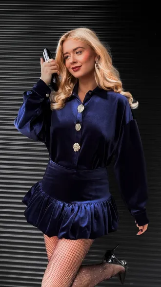 Granatowy aksamitny komplet koszula + spódniczka - R372