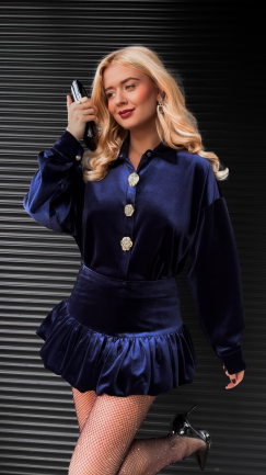 Granatowy aksamitny komplet koszula + spódniczka - R372