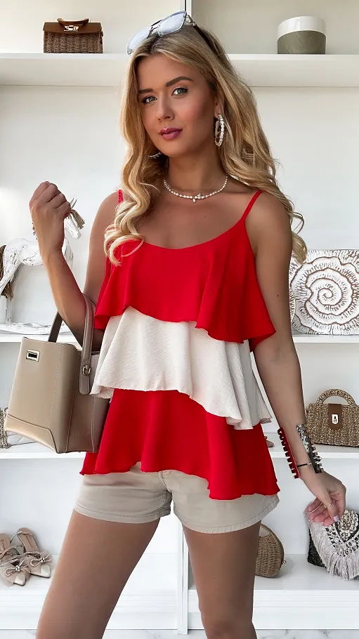 Letnia bluzka na ramiączkach z falbanek ONE SIZE beżowo-czerwona - P839A