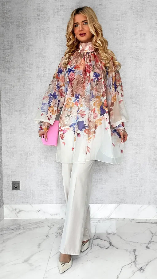 Kwiatowa długa bluzka mgiełka TUNIKA one size BEŻOWA - P508