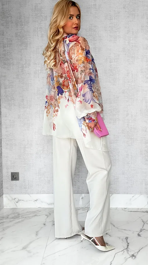 Kwiatowa długa bluzka mgiełka TUNIKA one size BEŻOWA - P508