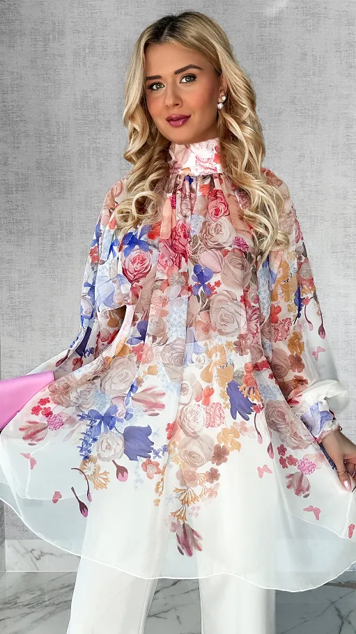 Kwiatowa długa bluzka mgiełka TUNIKA one size BEŻOWA - P508