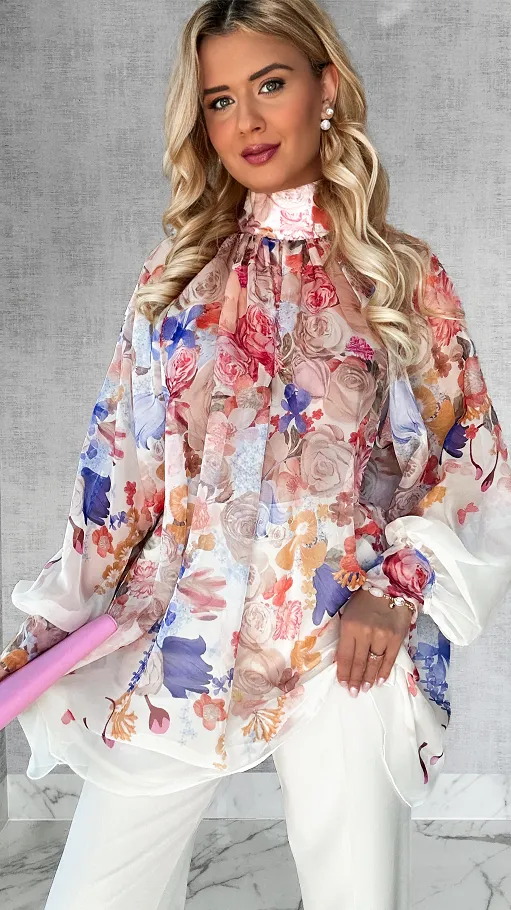 Kwiatowa długa bluzka mgiełka TUNIKA one size BEŻOWA - P508