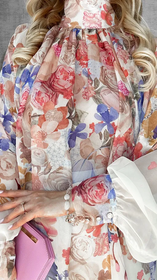 Kwiatowa długa bluzka mgiełka TUNIKA one size BEŻOWA - P508