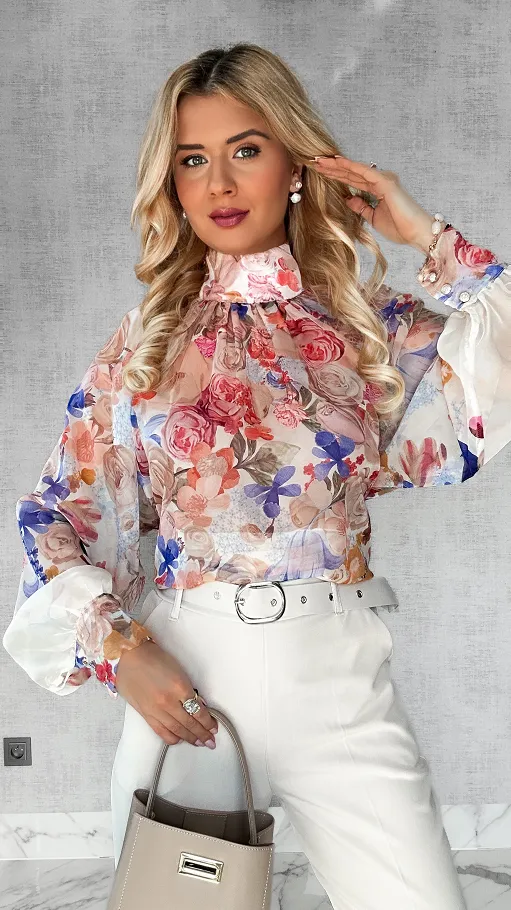 Kwiatowa długa bluzka mgiełka TUNIKA one size BEŻOWA - P508