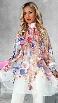 Kwiatowa długa bluzka mgiełka TUNIKA one size BEŻOWA - P508