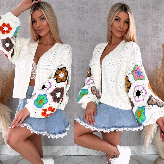 Oryginalny kardigan szydełkowy na wiosną ONE SIZE złamana biel - R722