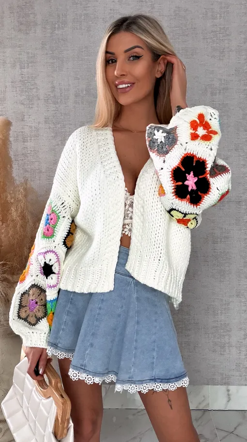 Oryginalny kardigan szydełkowy na wiosną ONE SIZE złamana biel - R722