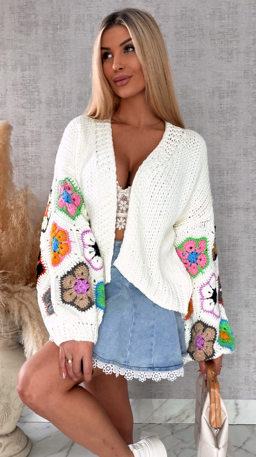 Oryginalny kardigan szydełkowy na wiosną ONE SIZE złamana biel - R722