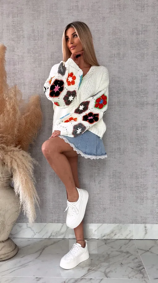 Oryginalny kardigan szydełkowy na wiosną ONE SIZE złamana biel - R722