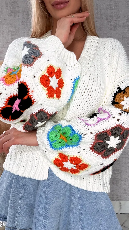 Oryginalny kardigan szydełkowy na wiosną ONE SIZE złamana biel - R722