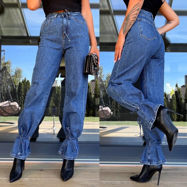 Oryginalne elastyczne spodnie jeansowe WIDE LEG z wiązaniami BLUE JEANS - S258