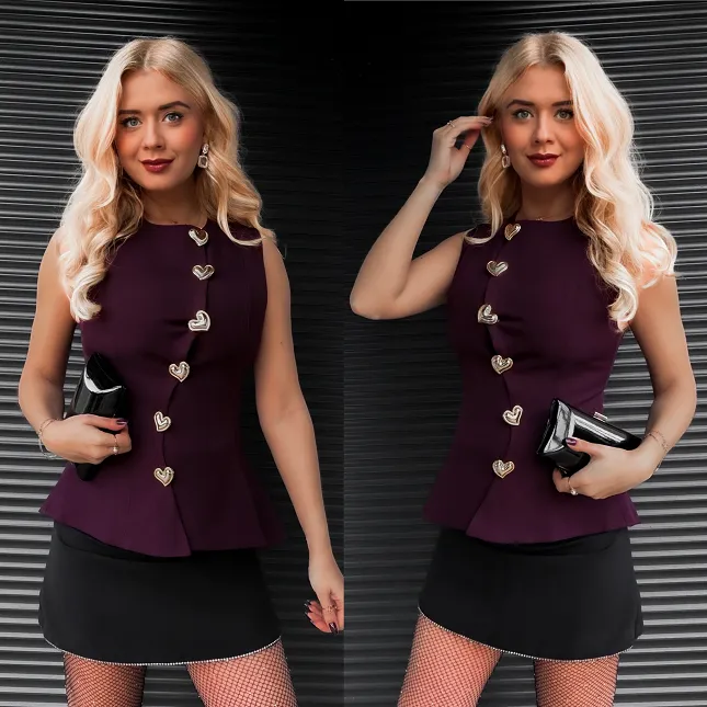 Elegancka kamizelka z pięknymi złotymi guzikami ONE SIZE purpurowa - R389