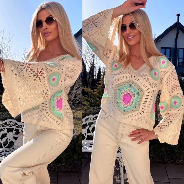 Mega modny ażurowy sweterek w szydełkowym stylu GREEN - R659E