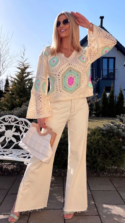 Mega modny ażurowy sweterek w szydełkowym stylu GREEN - R659E