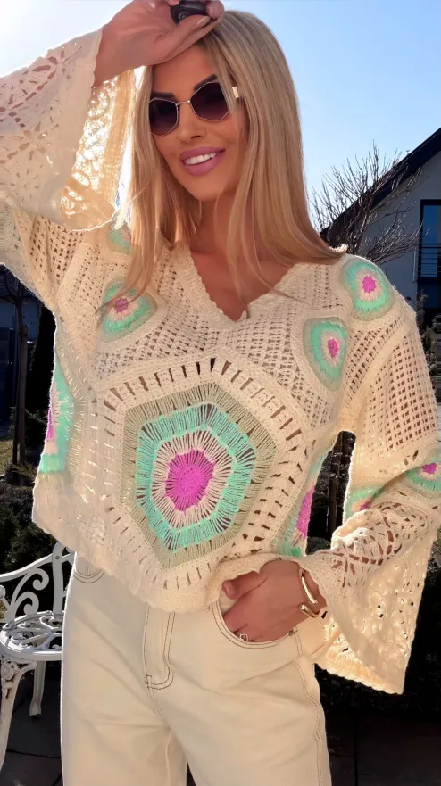 Mega modny ażurowy sweterek w szydełkowym stylu GREEN - R659E