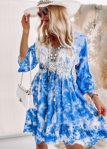 Sukienka BOHO styl SHELL niebieska - K370
