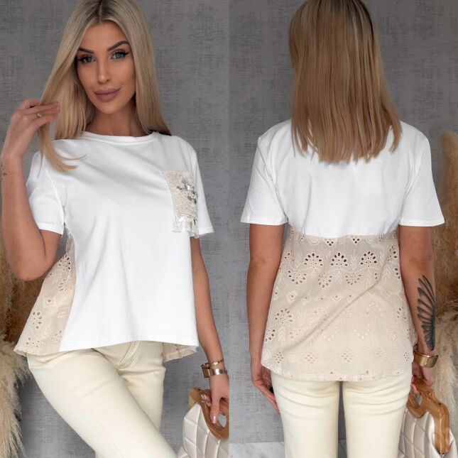 Biała bawełniana bluzka T-SHIRT w stylu boho ONE SIZE - R622