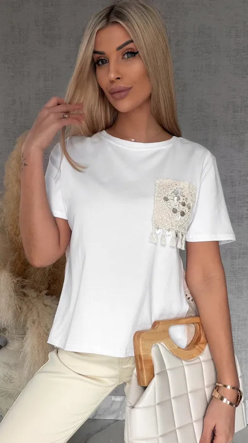 Biała bawełniana bluzka T-SHIRT w stylu boho ONE SIZE - R622