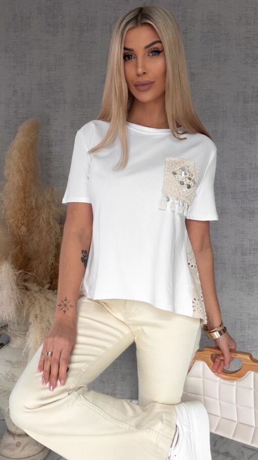 Biała bawełniana bluzka T-SHIRT w stylu boho ONE SIZE - R622