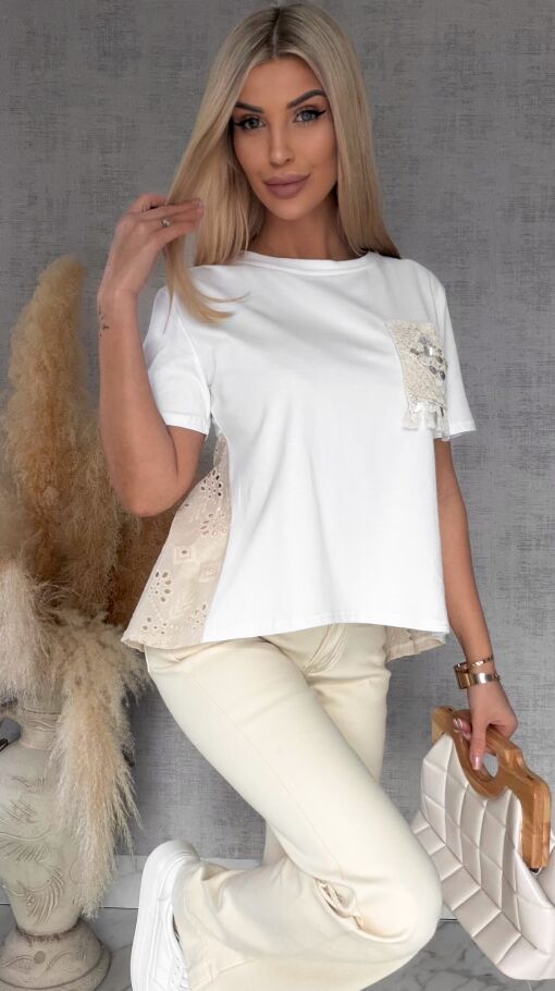 Biała bawełniana bluzka T-SHIRT w stylu boho ONE SIZE - R622