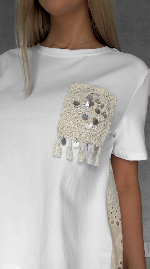 Biała bawełniana bluzka T-SHIRT w stylu boho ONE SIZE - R622