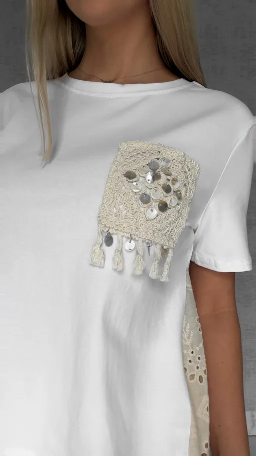 Biała bawełniana bluzka T-SHIRT w stylu boho ONE SIZE - R622