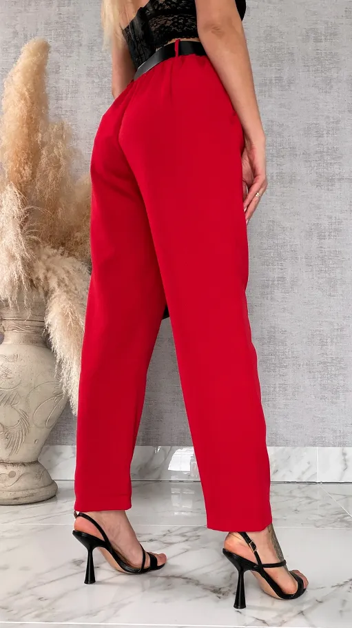 Eleganckie wiosenne spodnie z gumką w pasie i paskiem RED one size - R673B