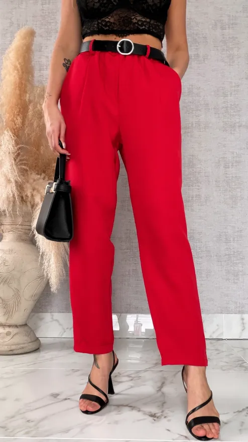 Eleganckie wiosenne spodnie z gumką w pasie i paskiem RED one size - R673B
