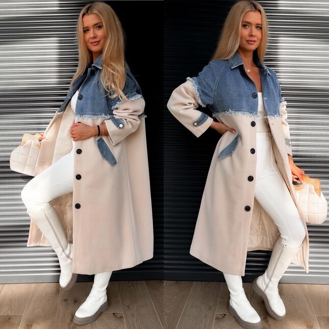 Stylowy długi płaszcz z flauszu łączony z jeansem ONE SIZE beżowy - S451