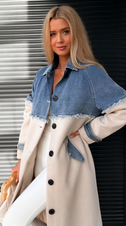 Stylowy długi płaszcz z flauszu łączony z jeansem ONE SIZE beżowy - S451
