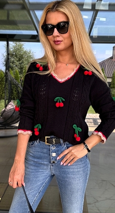 Stylowy niespotykany sweter w wisienki ONE SIZE czarny - N539A