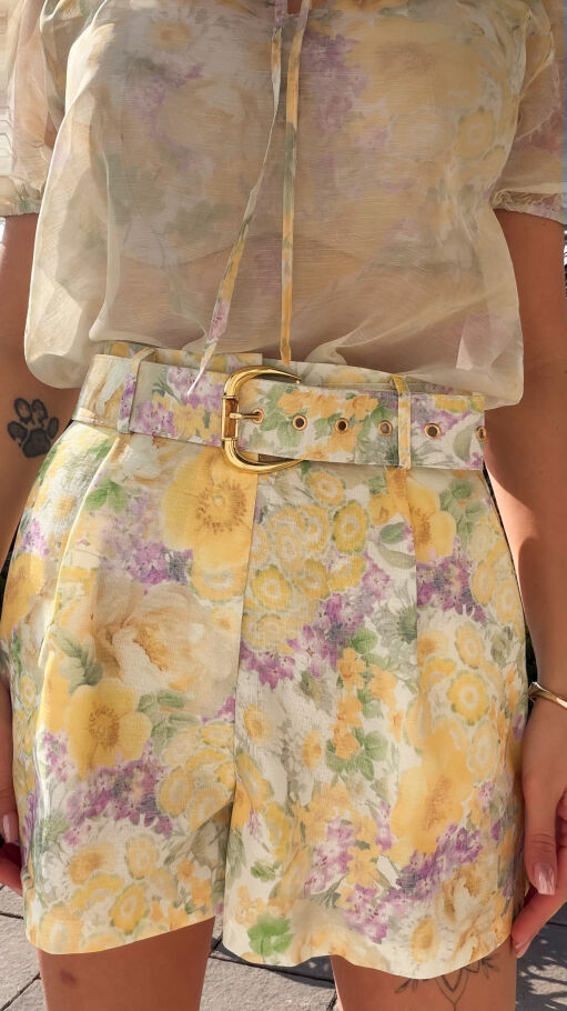 Oryginalny żółty komplet w kwiaty bluzka mgiełka + spodenki - R787A