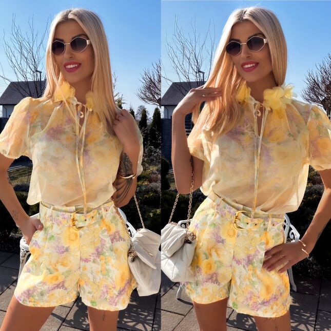 Oryginalny żółty komplet w kwiaty bluzka mgiełka + spodenki - R787A