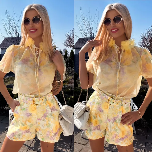 Oryginalny żółty komplet w kwiaty bluzka mgiełka + spodenki - R787A