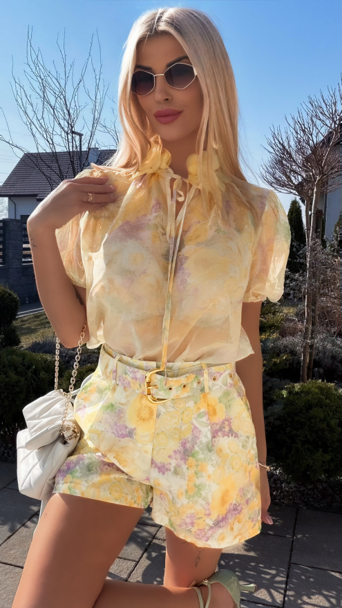 Oryginalny żółty komplet w kwiaty bluzka mgiełka + spodenki - R787A