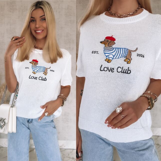 Oryginalny sweter z haftowanym jamnikiem i krótkimi rękawami ONE SIZE biały - R856