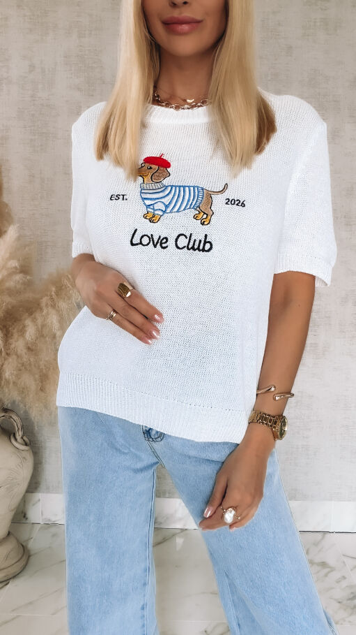 Oryginalny sweter z haftowanym jamnikiem i krótkimi rękawami ONE SIZE biały - R856