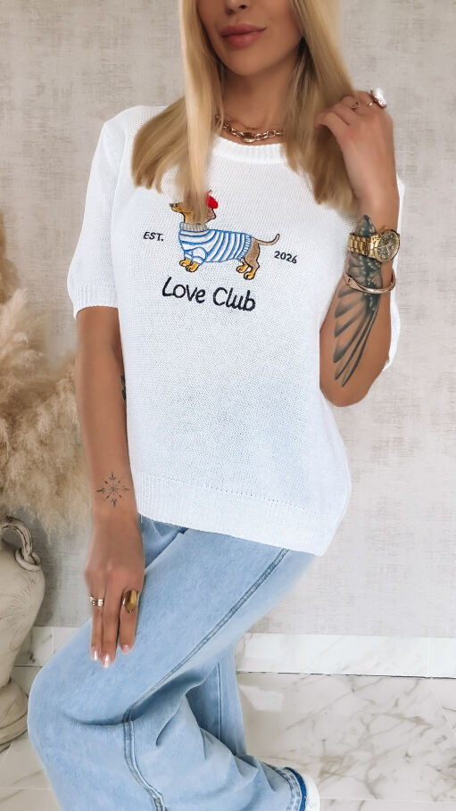 Oryginalny sweter z haftowanym jamnikiem i krótkimi rękawami ONE SIZE biały - R856